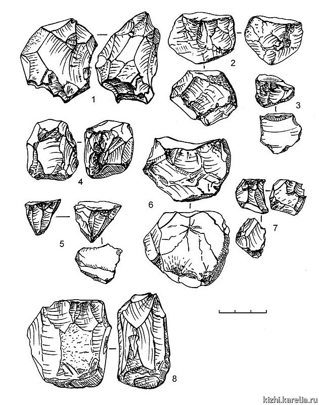 Рис.210. Инвентарь поселения Южный Олений остров 2: 1 – сланец, 2, 4, 6, 8 – кварц, 3, 5, 7 – лидит