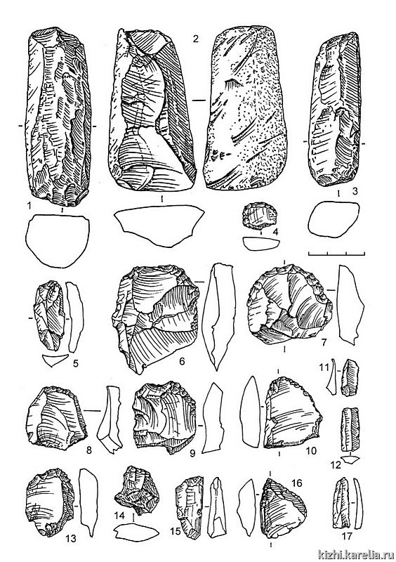 Рис.141. Инвентарь поселения Вожмариха 23: 1–3 – сланец, 4, 10–13, 17 – кремень, 5 – кварц, 6–9, 14–16 – лидит