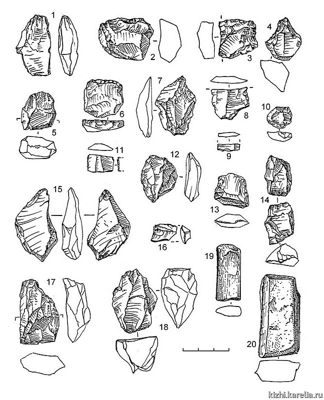 Рис.171. Инвентарь поселений Жарниково 1 (1–8, 10–11) и 2 (9, 12–20): 1–7, 10, 12–14, 17–18 – кварц, 8, 9, 11, 16 – кремень, 15 – лидит, 19 – кварцит, 20 – сланец