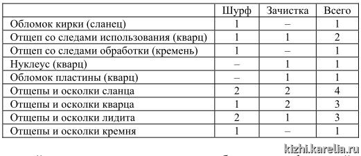 Таблица 9. Состав коллекции из поселения Ванчозеро 9