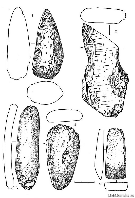Рис.102. Инвентарь поселения Вожмариха 4 (раскоп 1): 1–5 – сланец