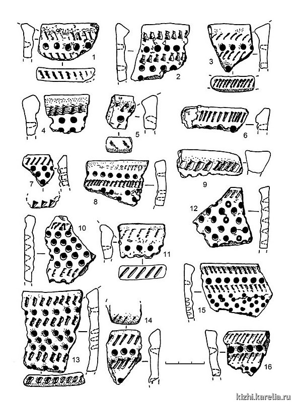 Рис.272. Ямочно-гребенчатая керамика из поселения Воробьи 4 (1–16)
