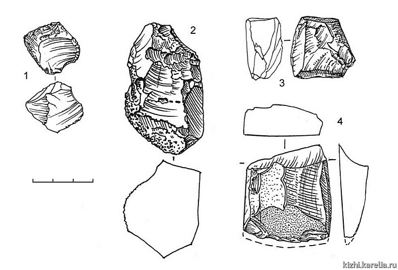 Рис.174. Инвентарь поселений Жарниково 2 (4) и Жарниково 4 (1–3): 1–2 – лидит, 3 – кремень, 4 – сланец