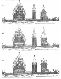 Рис.14. Общий вид Кижского погоста в 1714–1720 гг. (а), 1720–1749 гг. (б), с 1749 г. (в). Реконструкция В. А. Крохина