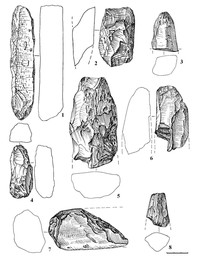 Рис.2. Вожмариха 22: Раскоп II: 1, 2, 4, 5 – заготовки орудия, сланец; 3, 6 – обломки заготовки орудия, сланец. Раскоп I: 7 – обломок заготовки киркообразного орудия, сланец; 8 – обломок заготовки  орудия, сланец