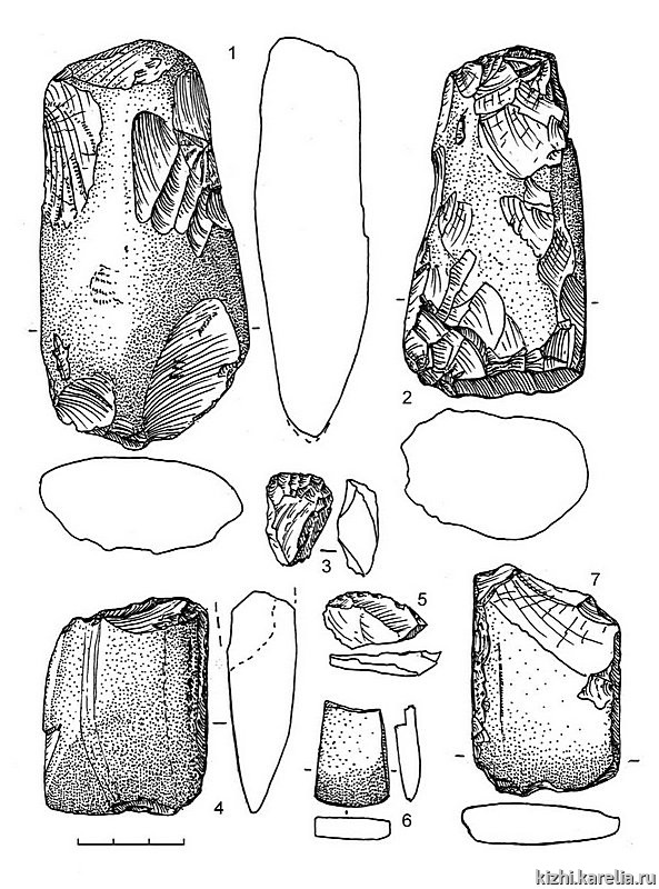 Рис.135. Инвентарь поселения Вожмариха 21: 1–2, 4, 6–7 – сланец, 3, 5 – кварц