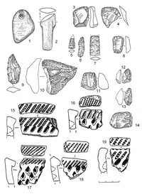 Рис.11. Инвентарь поселения Радколье 1 (1, 2 – сланец; 3–8 – кремень; 9, 10, 14 – лидит; 11–13 – кварц; 15–19 – керамика)