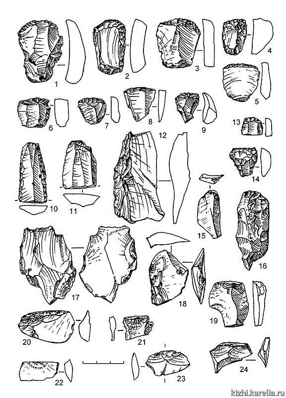 Рис.211. Инвентарь поселения Южный Олений остров 2: 1–11, 14 – кремень, 12–13, 15–24 – сланец