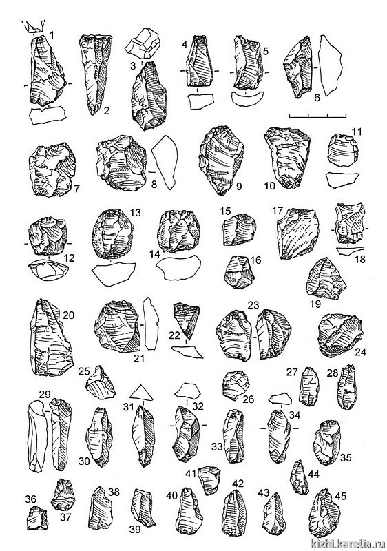 Рис.94. Инвентарь поселения Вожмариха 1: 1–45 – кварц