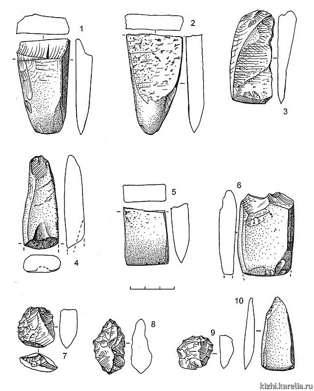 Рис.68. Инвентарь поселения Вертилово 3: 1–6, 10 – сланец, 7–9 – кварц