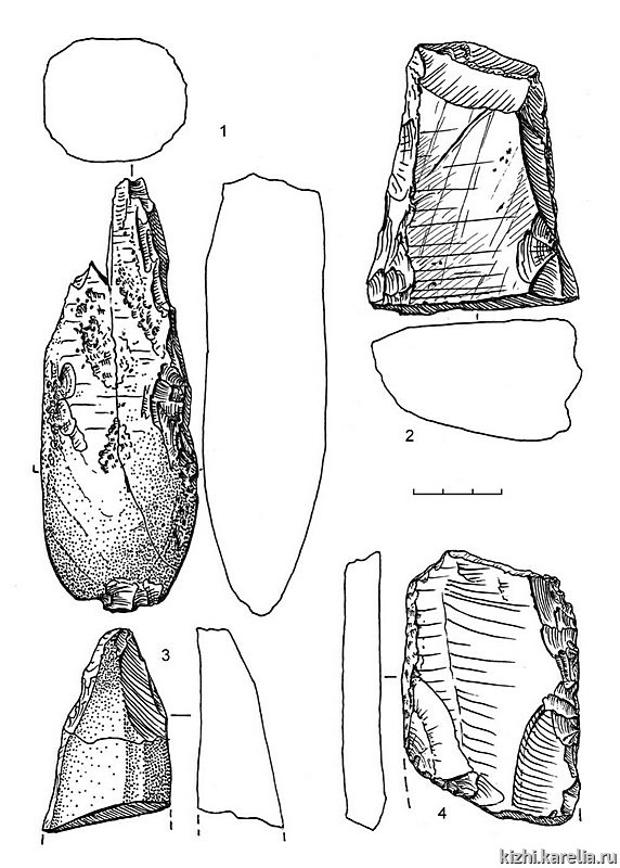 Рис.151. Инвентарь поселения Вожмариха 24: 1–4 – сланец