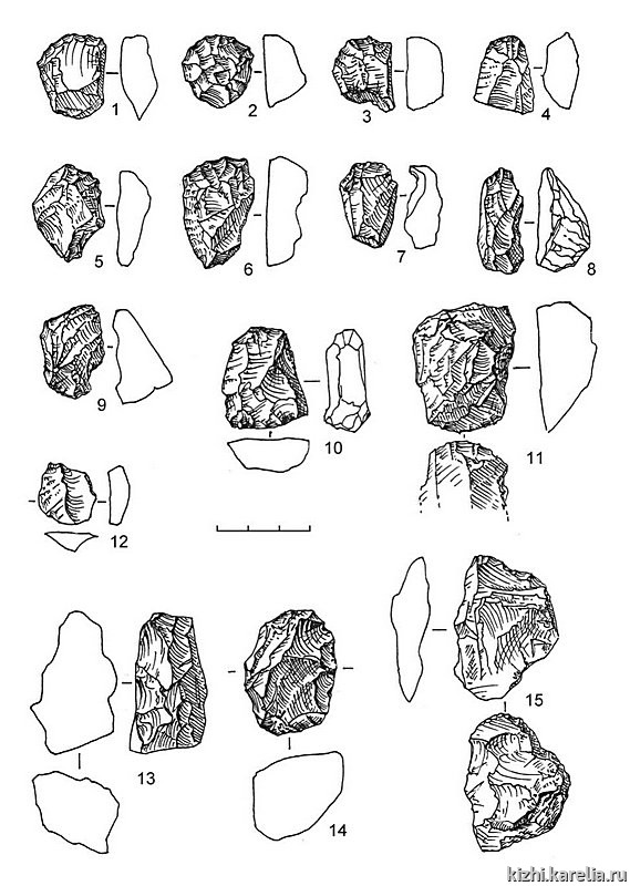 Рис.113. Инвентарь поселения Вожмариха 4 (раскоп 2): 1, 3–14 – кварц, 2 – кремень, 15 – лидит