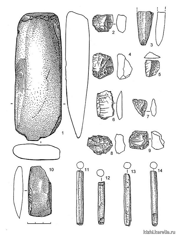 Рис.137. Инвентарь поселения Вожмариха 22: 1, 3, 10–14 – сланец, 2, 5 – лидит, 4, 6–9 – кремень