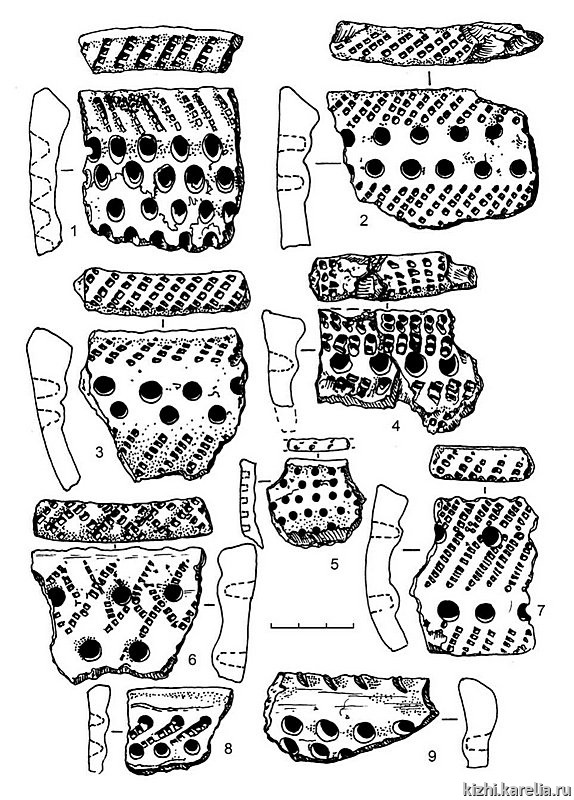 Рис.278. Керамика с гребенчато-ямочным (1–4, 6–8) и ямочным (5, 9) орнаментом из поселения Радколье 2