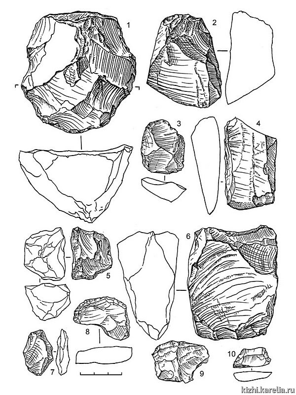 Рис.168. Инвентарь поселения Вожмариха 28: 1, 6 – кварцит, 2–3, 5 – лидит, 4 – сланец, 7–9 – кварц, 10 – кремень