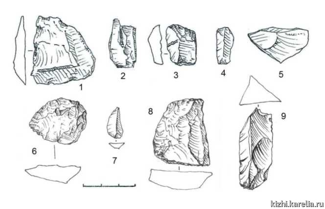 Рис. 10. Находки из поселений Ярнаволок 1 (6—9) и Гарницы 1 (1—5) (1, 3, 4, 6, 8 — кварц, 2, 5 — сланец, 7, 9 — кремень)