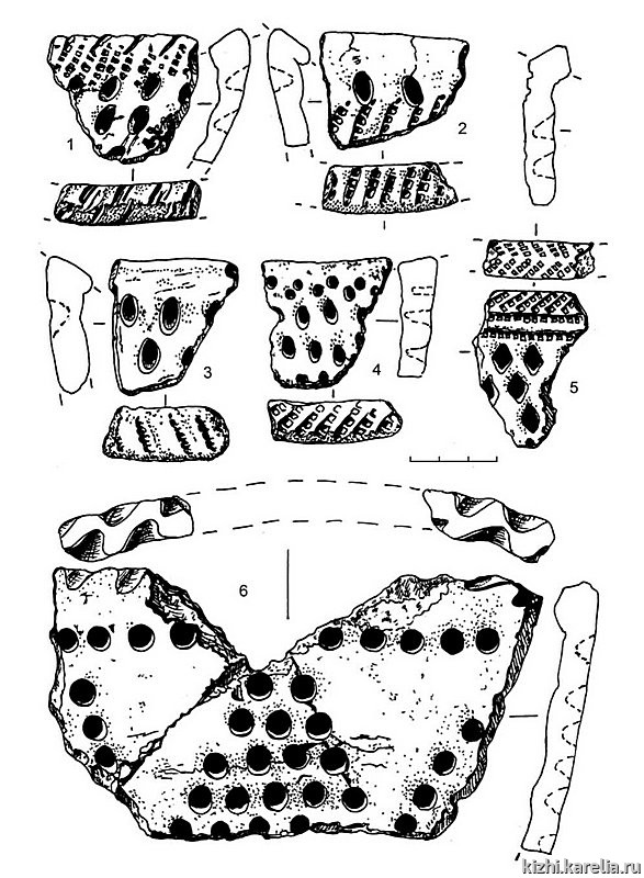 Рис.262. Керамика с гребенчато-ямочным (1–2), ямочным (3–4, 6) и ромбо-ямочным (5) орнаментом из поселения Вожмариха 21