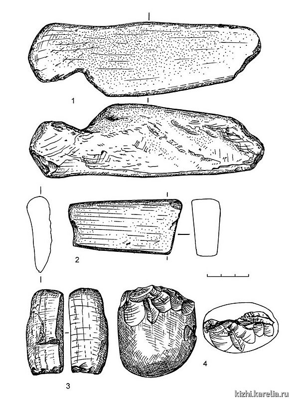 Рис.208. Инвентарь поселения Южный Олений остров 2: 1–2 – кварцит, 3–4 – сланец