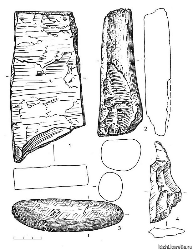 Рис.142. Инвентарь поселения Вожмариха 23: 1, 3 – сланец, 2 – кварцит, 4 – лидит