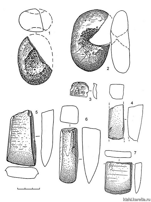 Рис.116. Инвентарь поселений Вожмариха 5 (1–2), 6 (5), 8 (3, 4, 6–7): 1–2, 4–7 – сланец, 3 – кремень