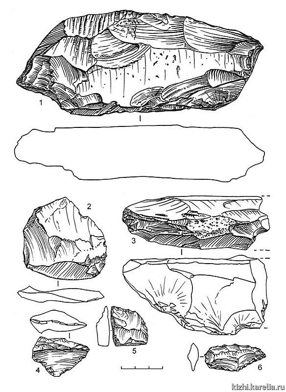 Рис.192. Инвентарь поселения Радколье 1: 1–3 – сланец, 4, 6 – лидит, 5 – кремень