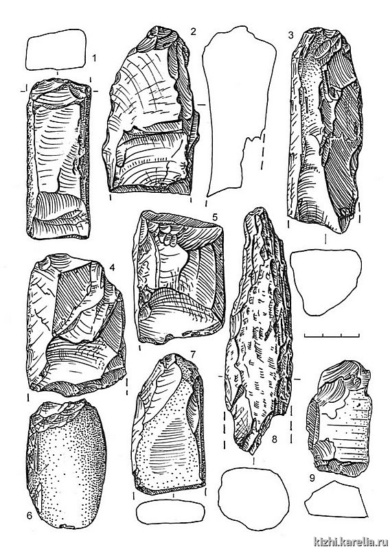 Рис.181. Инвентарь поселения Леликово 1: 1–9 – сланец