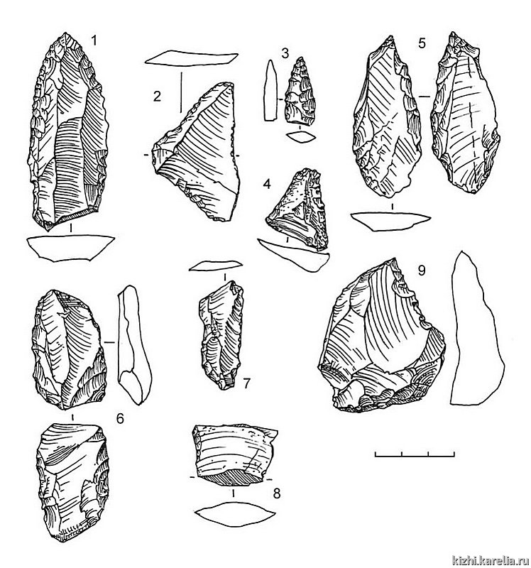 Рис.178. Инвентарь поселений Калгов 1 (1), Керкостров 3 (2–8): 1, 3–4 – кремень, 2, 5–9 – лидит