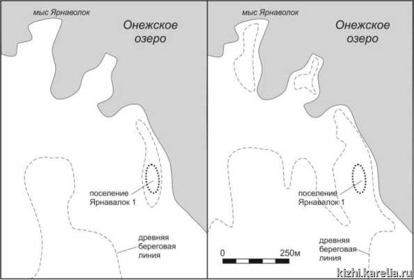 Рис. 9. Изменение береговой линии в неолите в районе нахождения поселения Ярнаволок 1 (а — максимальный уровень, б — минимальный уровень)