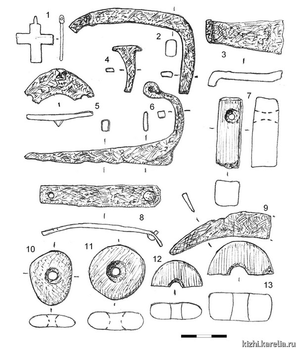 Рис.38. Крест-тельник (1) и хозяйственно-бытовой инвентарь из раскопа на селище Бачурин Наволок / Fig.38. Bearing cross and different domestic articles from Bachurin Navolok
