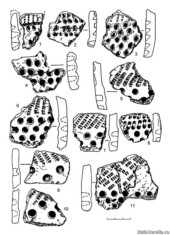 Рис.279. Керамика с гребенчато-ямочным (5–11), ямочным (4) и ромбо-ямочным (1–3) орнаментом из поселения Радколье 2