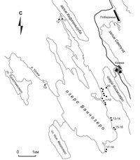 Рис. 1. Расположение памятников археологии на озерах Ванчозеро и Космозеро