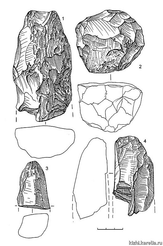 Рис.140. Инвентарь поселения Вожмариха 22: 1, 3–4 – сланец, 2 – кварцит