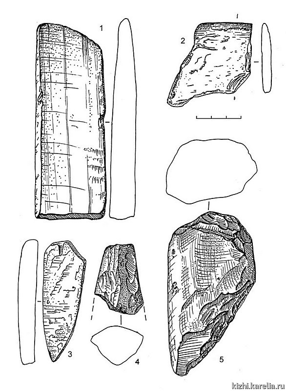 Рис.136. Инвентарь поселений Вожмариха 21 (2) и Вожмариха 22 (1, 3–5): 1, 3–5 – сланец, 2 – кварцит