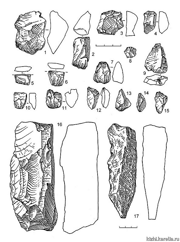 Рис.130. Инвентарь поселения Вожмариха 19: 1–15 – кварц, 16 – сланец, 17 – кварцит