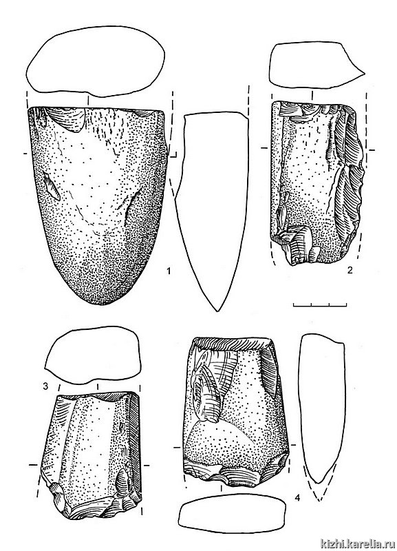 Рис.99. Инвентарь поселения Вожмариха 3: 1–4 – сланец