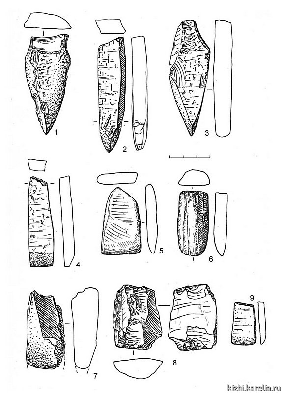 Рис.67. Инвентарь поселения Вертилово 1: 1–9 – сланец