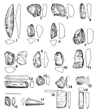 Рис.20. Предметы из кремня (1, 2), кварца (3–16) и сланца (17–19)