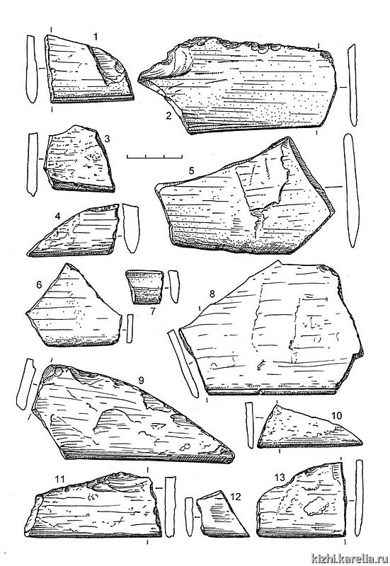 Рис.91. Инвентарь поселения Вожмариха 1: 1–4, 6–13 – сланец, 5 – кварцит