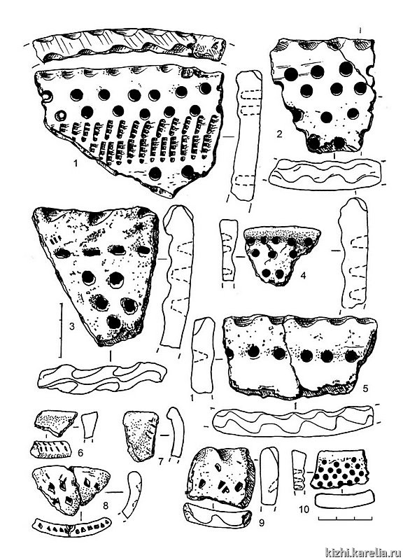 Рис.259. Керамика с ямочным (2–5, 10), гребенчато-ямочным (1), ромбо-ямочным (8) орнаментом и неорнаментированная (6–7, 9) из поселения Вожмариха 21