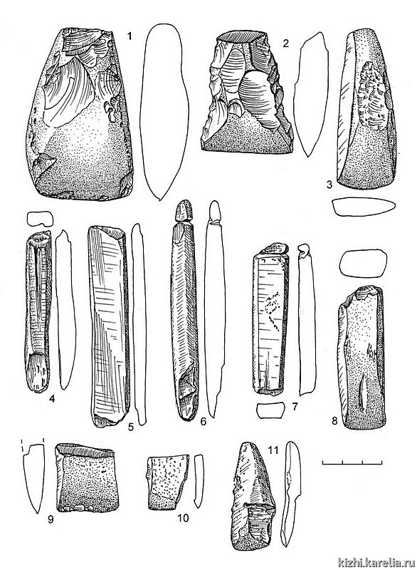 Рис.87. Инвентарь поселения Вожмариха 1: 1–11 – сланец