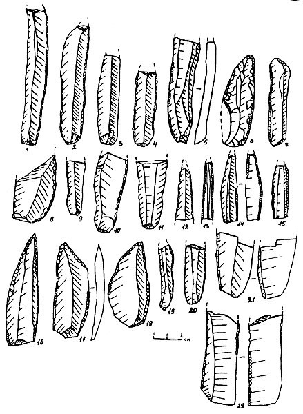 Рис.4. Ножи. 1-2 — Кладовец Va; 3-8 — Оровнаволок XV; 9 — Чёрная Губа VI; 10-12 — Чёрная Губа XI; 13-15, 22 — Оровнаволок IX, р.II; 16-18 — Оровнаволок IX, р.1; 19 — Шёлтозеро III; 20 — Повенчанка V, 21 — Суна XIII. 10-22 — лидит, 21 — кварц, остальные — кремень.