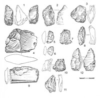 Рис. 6. Находки из поселений Путкозеро 1 (4–6, 8–10, 12), 2 (1–3, 7, 11)