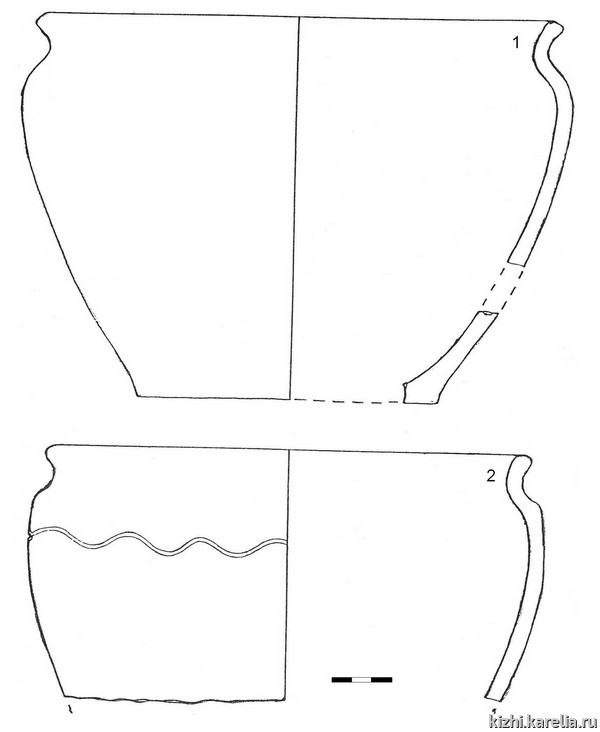 Рис.55. Красноглиняные горшки из заполнения ямы на кв. Б-3,4 на селище Керкостров 1 (тип 3) / Fig.55. Red ware pots from stove pit in excavation site on Kerkostrov 1. Type 3 