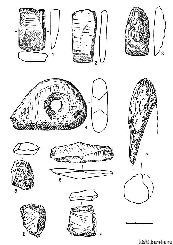Рис.122. Инвентарь поселения Вожмариха 15: 1–4, 7 – сланец, 5 – лидит, 6, 8–9 – кремень