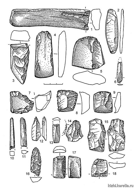 Рис.128. Инвентарь поселения Вожмариха 19: 1–13, 17 – сланец, 14–16 – лидит, 18 – кремень