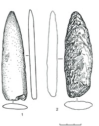 Рис. 4. Наконечники копий из сланца (1) и кварцита (2)