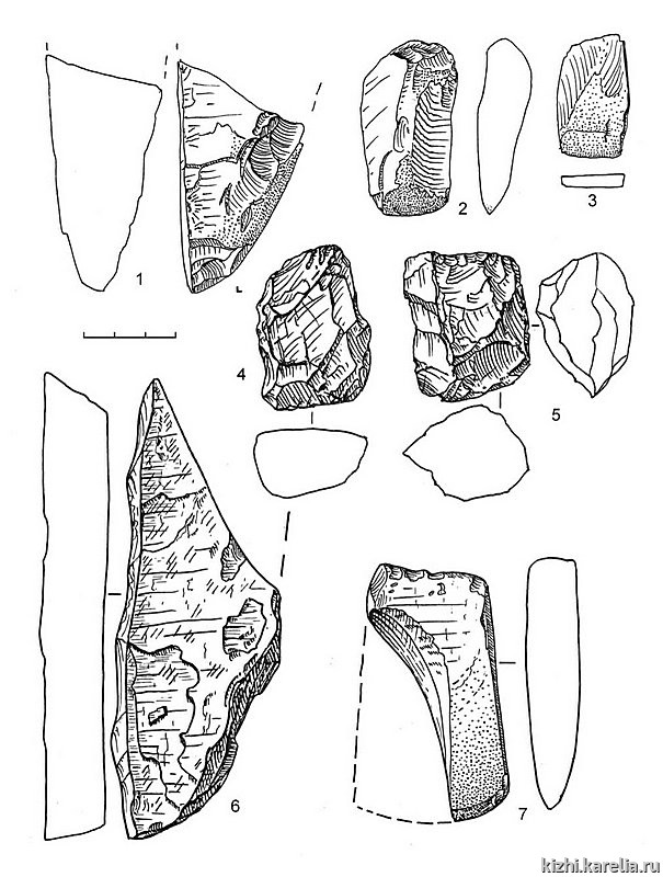 Рис.74. Инвентарь поселений Вертилово 3 (4–5), Вертилово 4 (6), Вертилово 5 (7), Вертилово 7 (1–3): 1–3, 6–7 – сланец, 4–5 – кварц