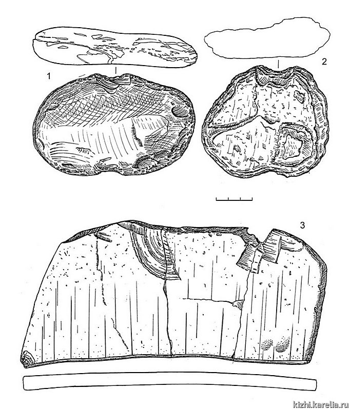 Рис.149. Инвентарь поселения Вожмариха 24: 1, 3 – сланец, 2 – песчаник