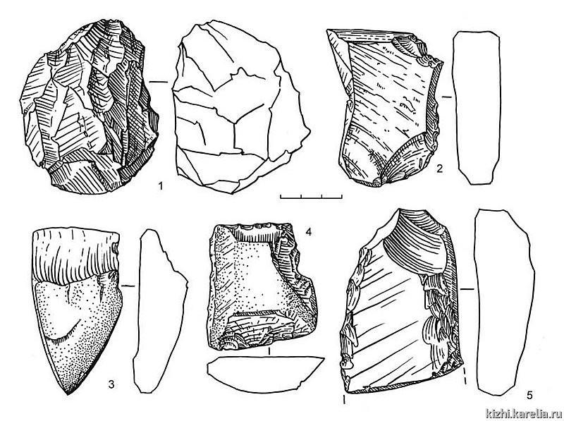 Рис.70. Инвентарь поселения Вертилово 3: 1 – кварцит, 2–5 – сланец