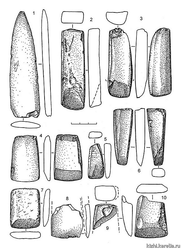 Рис.144. Инвентарь поселения Вожмариха 24: 1–10 – сланец